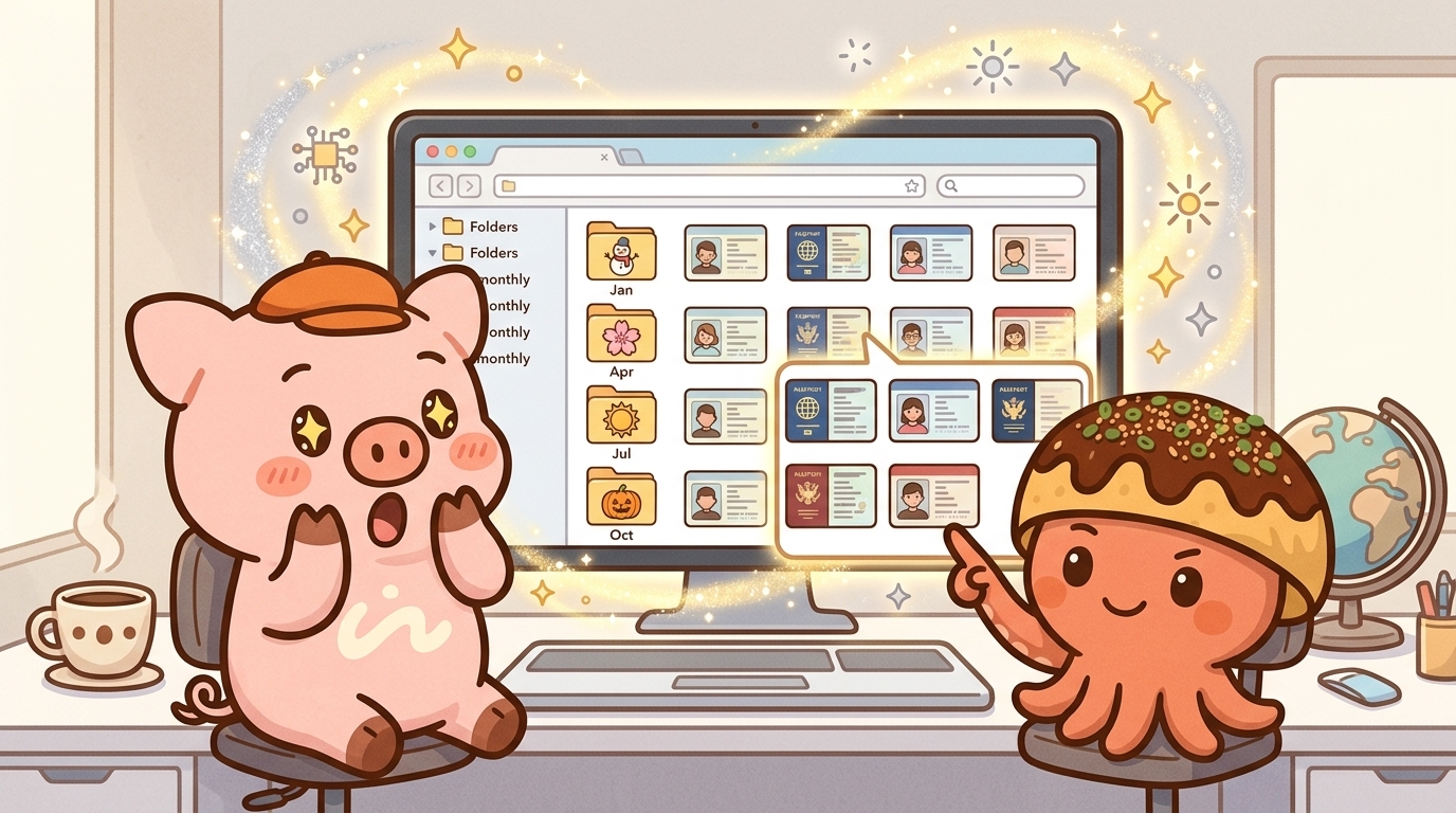 とんまよとちめん太がClaude Codeで整理されたパスポートフォルダをPC画面で見て驚いている様子